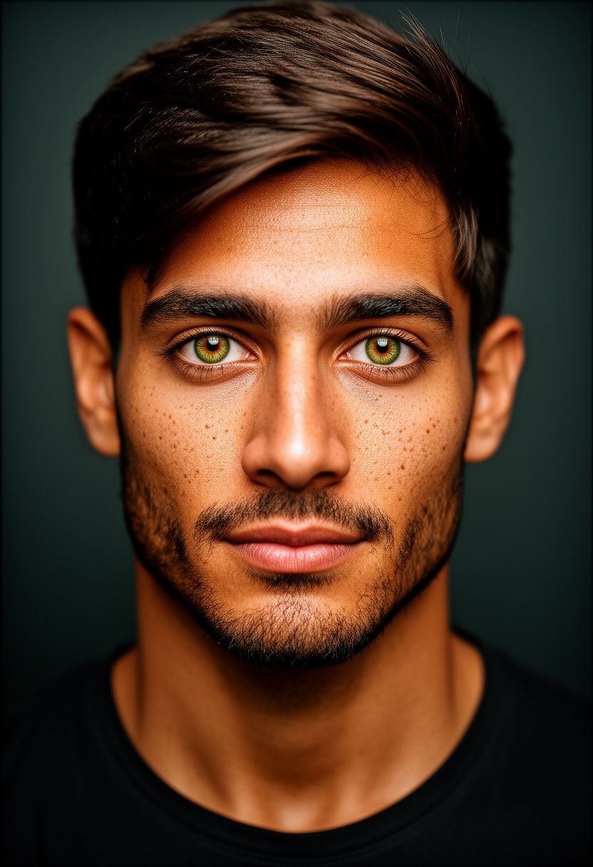 Marco Silva close-up portrait, intense green eyes, dark teal background