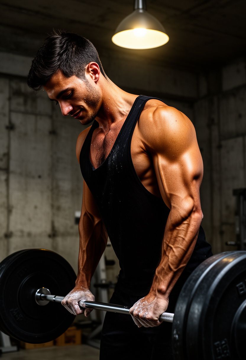 Marco Silva barbell row in industrial gym, chalk on hands
