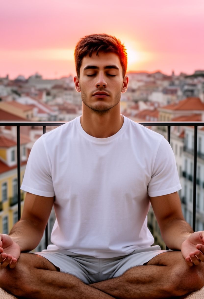 Marco Silva rooftop meditation at sunset with Lisbon skyline
