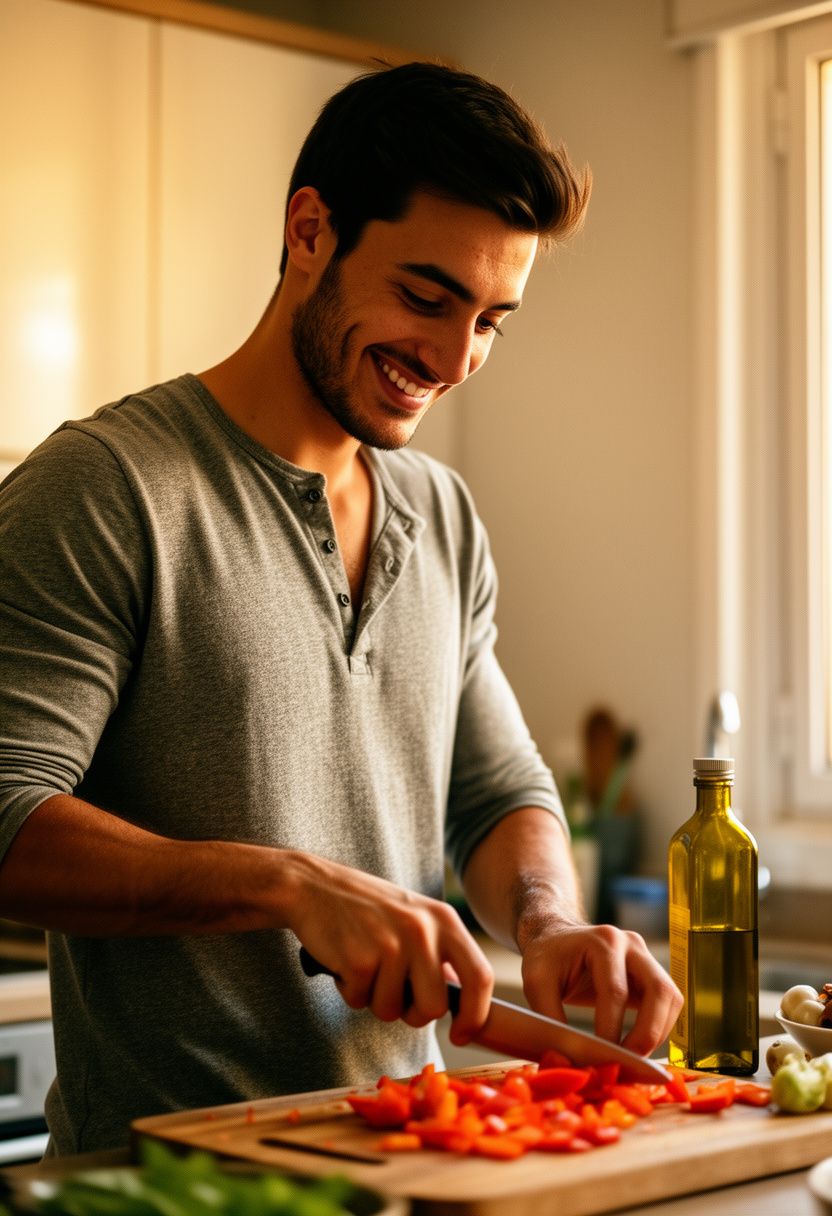 Marco Silva cooking in kitchen, gray henley, chopping peppers
