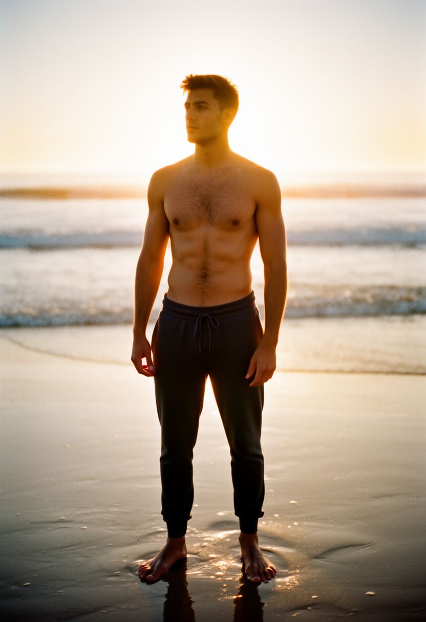 Marco Silva at beach at golden hour, shirtless, dark joggers, backlit