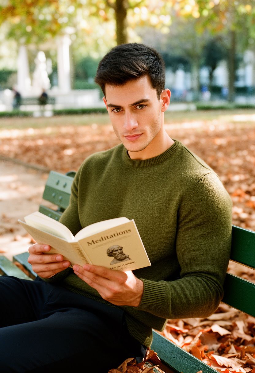 Marco Silva on park bench reading Meditations, olive sweater
