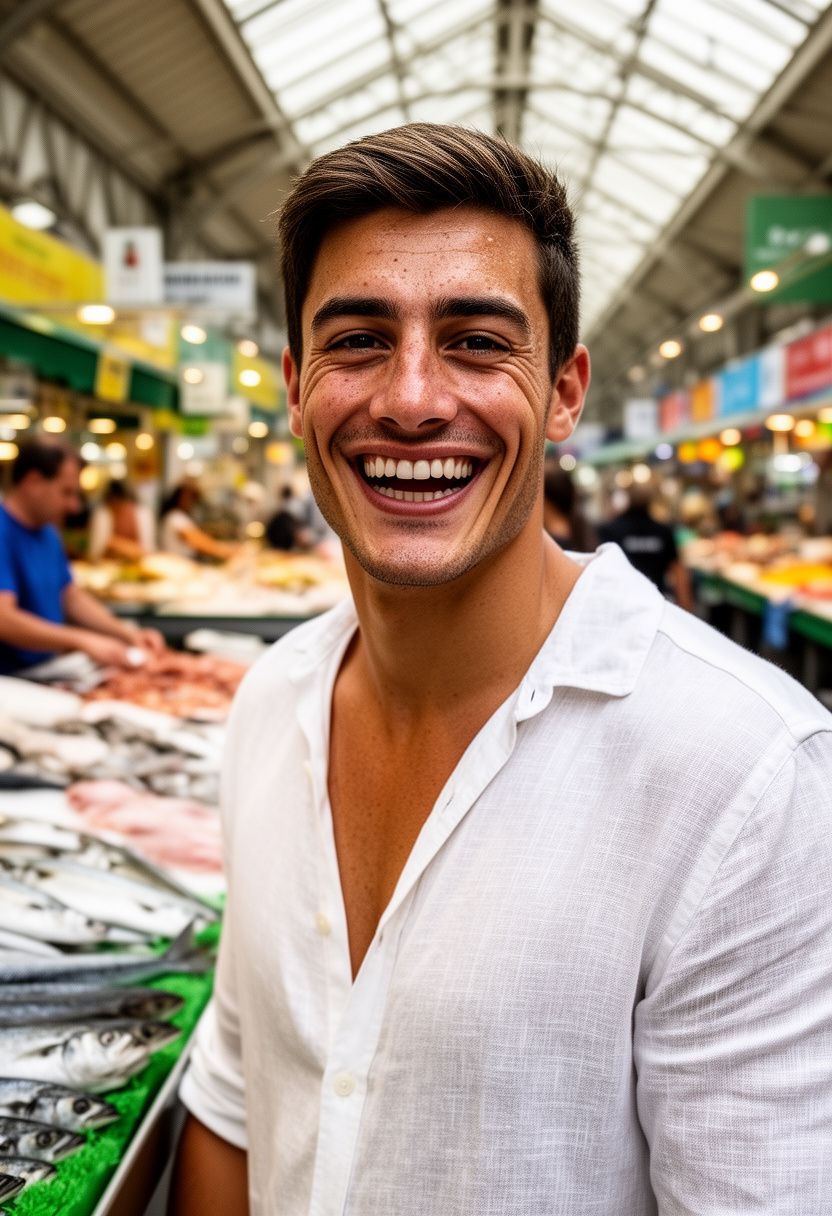 Marco Silva at fish market, white linen shirt, laughing