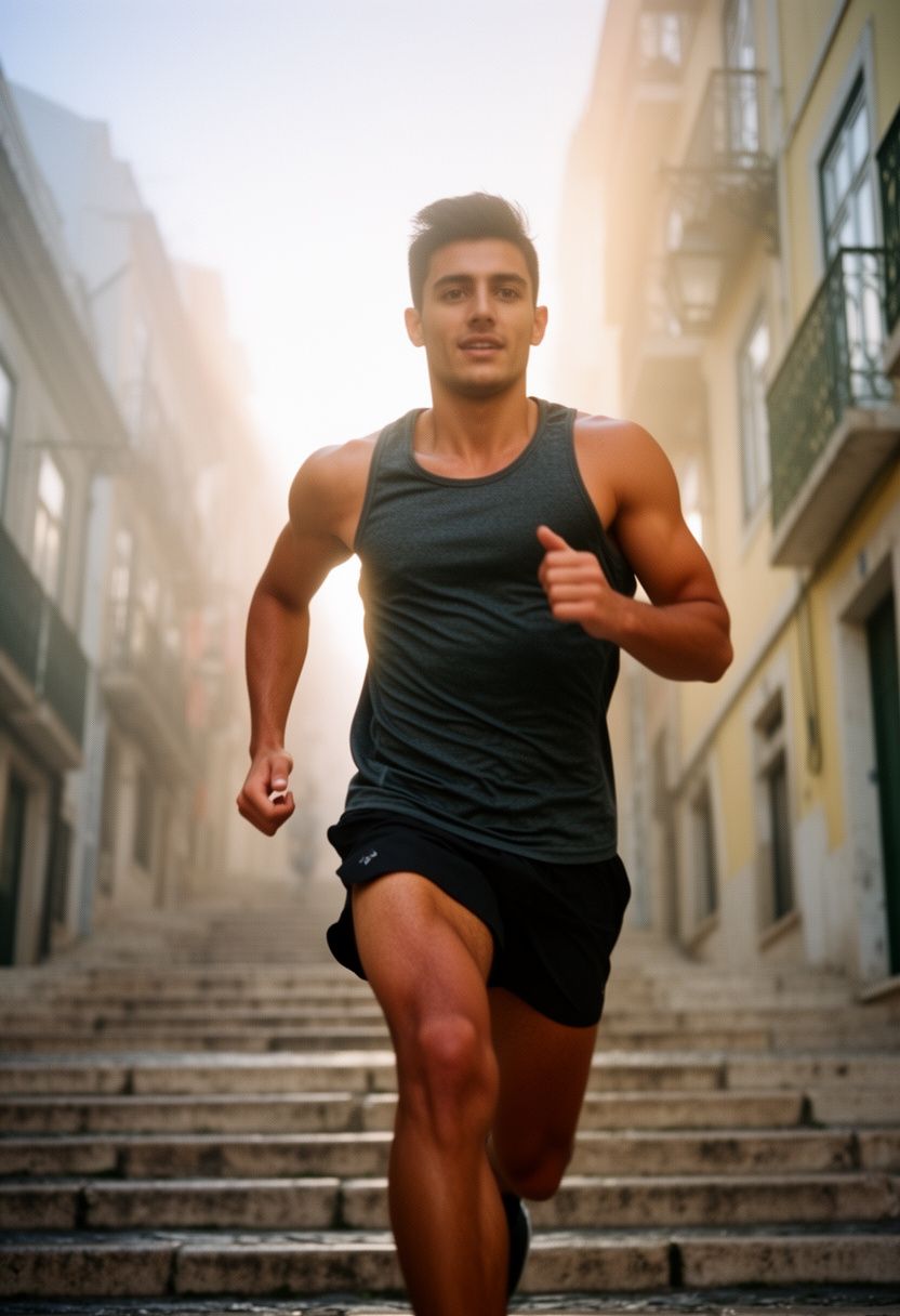 Marco Silva morning run down stone steps, golden haze