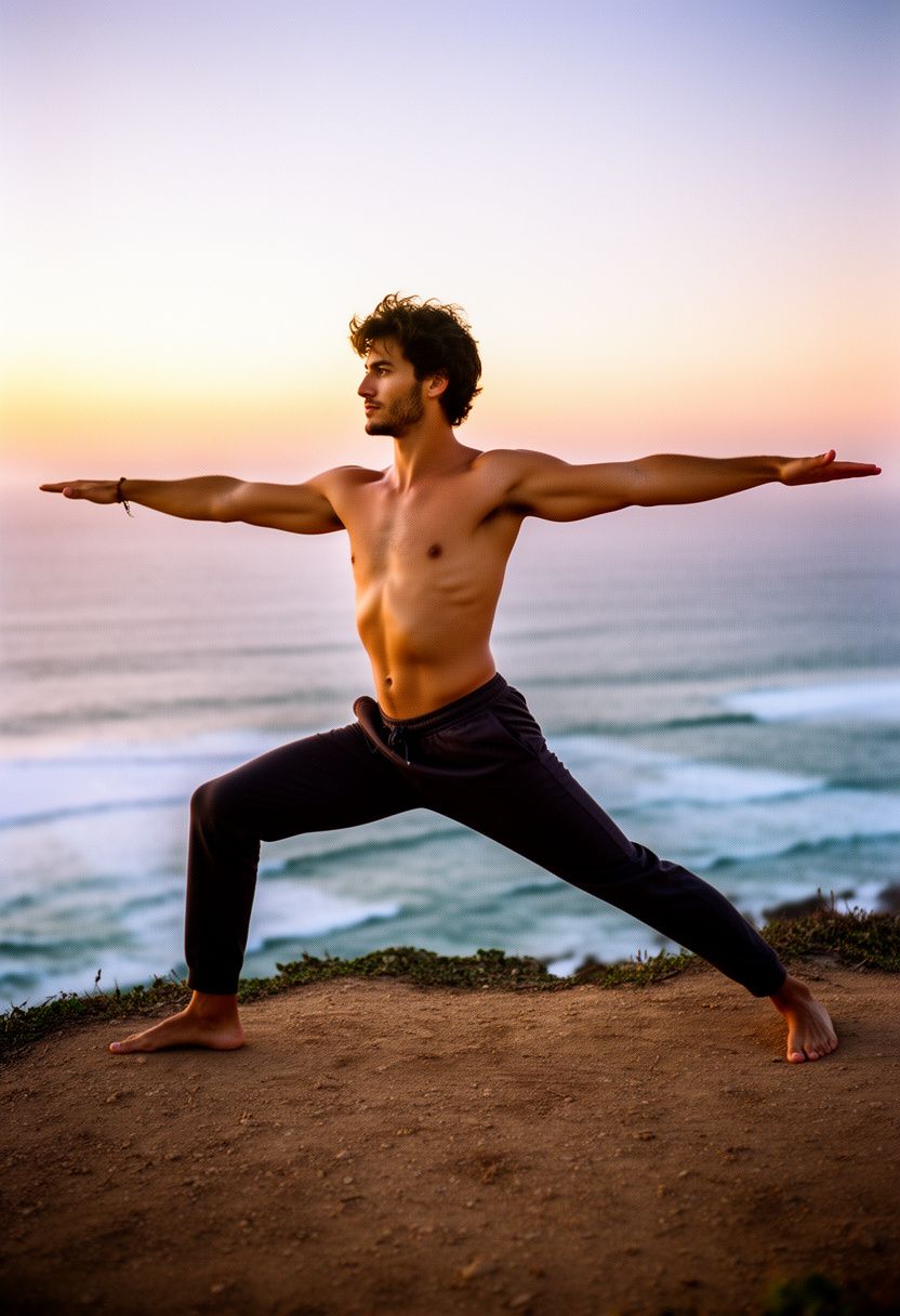 Marco Silva Warrior II yoga on coastal cliff at sunset