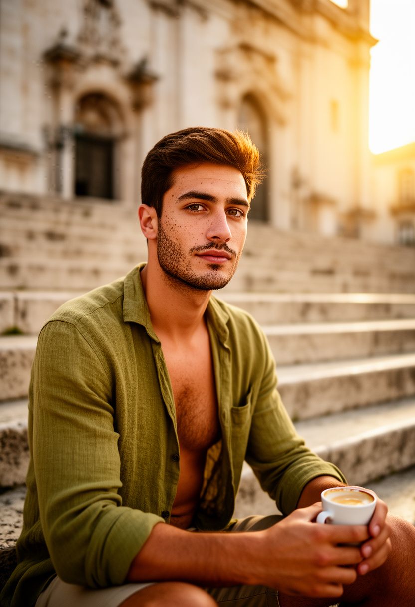 Marco Silva on stone steps with espresso, olive linen shirt, golden hour