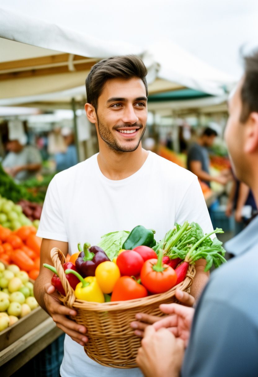 Marco Silva at farmers market, white tee, vegetable basket
