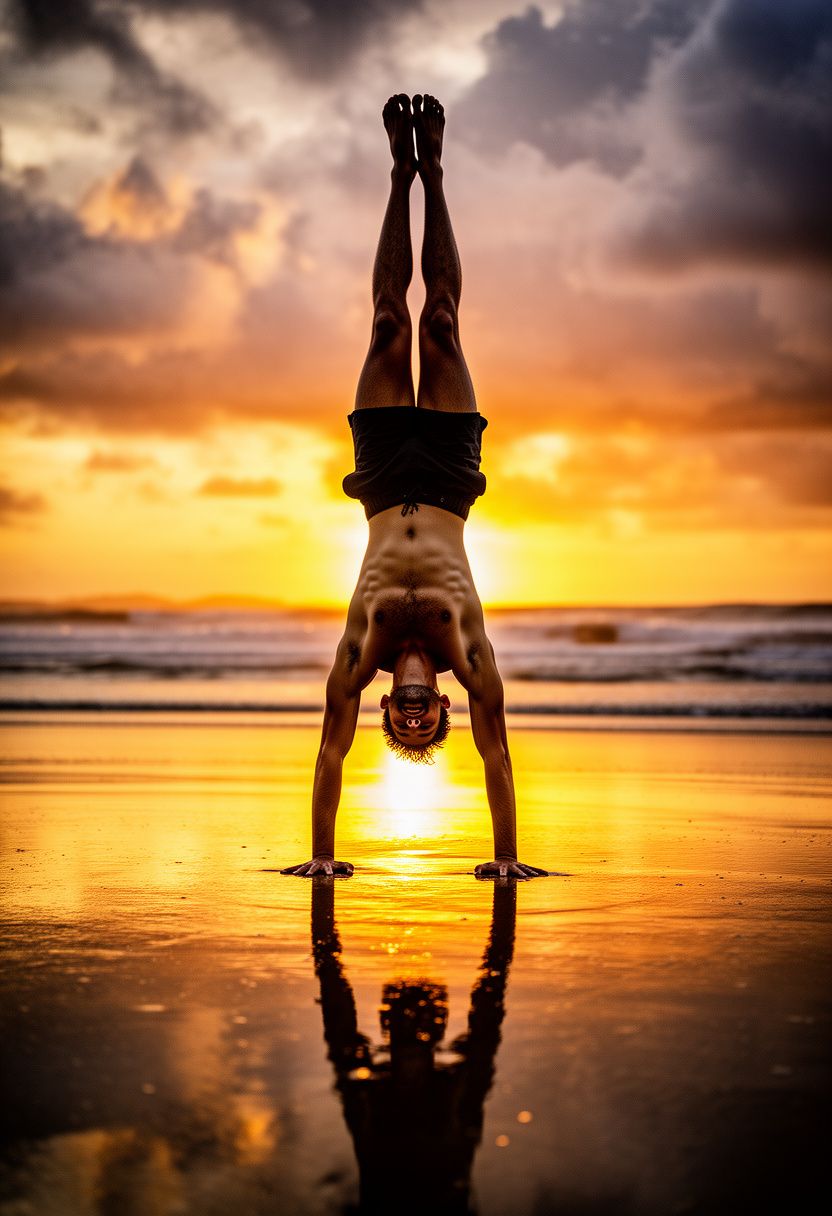 Marco Silva beach handstand at sunset, silhouette with reflection
